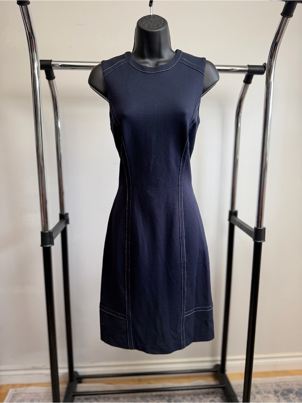 OF/MERCER Navy Contrast Stitch Sheath Dress Gold Zip Career Office Size 4